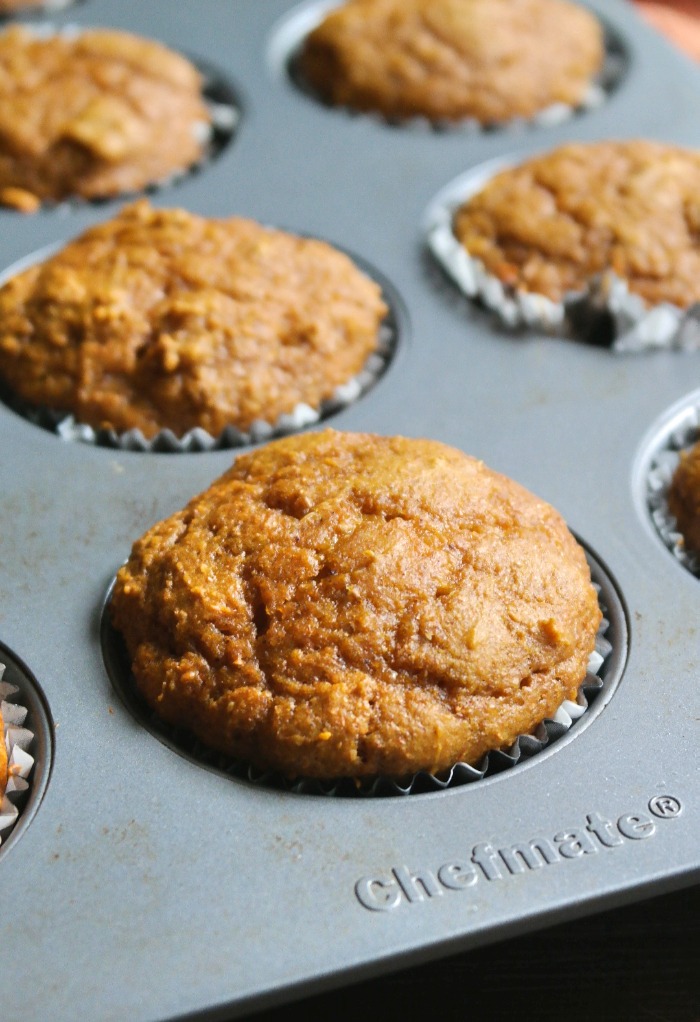 Baked pumpkin protein muffins in a baking pan. 