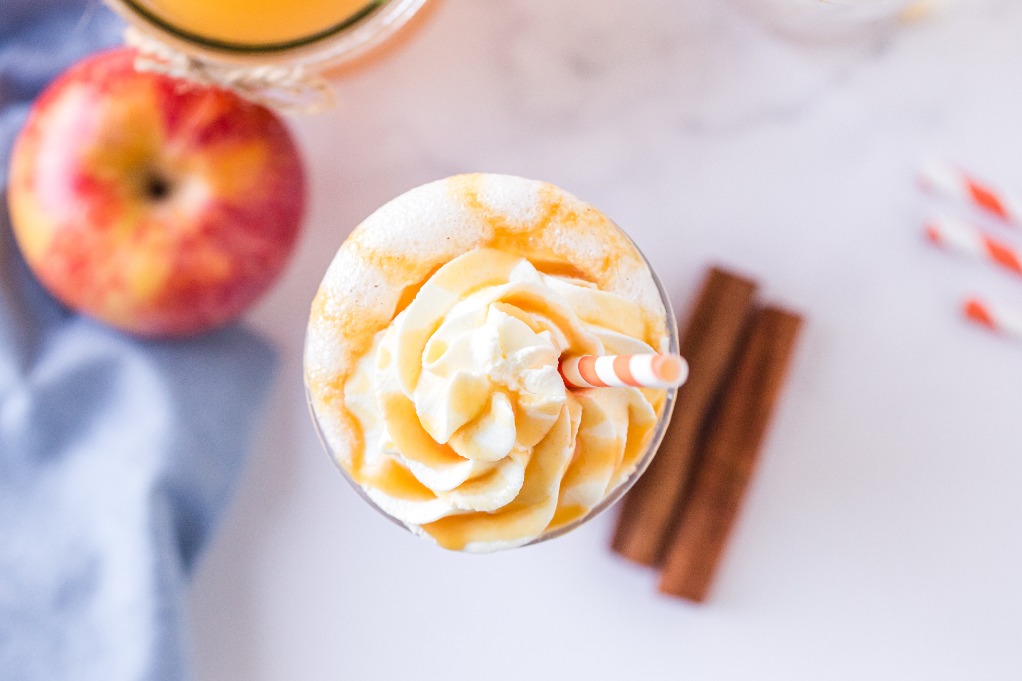 Top view of homemade apple cider milkshake with cinnamon sticks on the side.