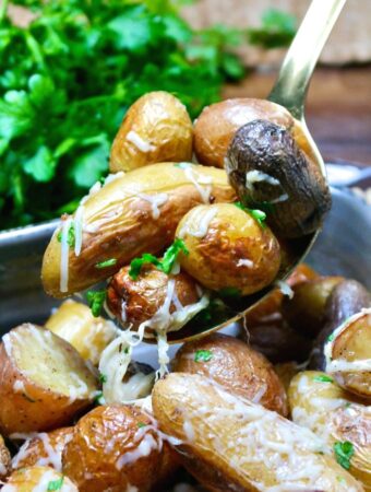 A spoonful of roasted fingerling potatoes ready to be served.