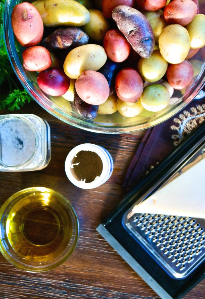 Ingredients to make roasted fingerling potatoes with parmesan cheese. 