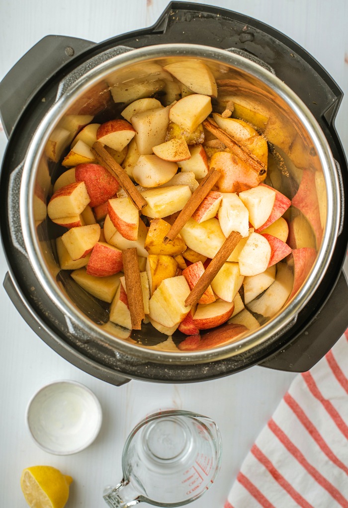 Ingredients placed in an Instant Pot to make applesauce. 