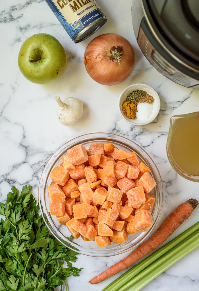 Ingredients to make butternut squash soup.