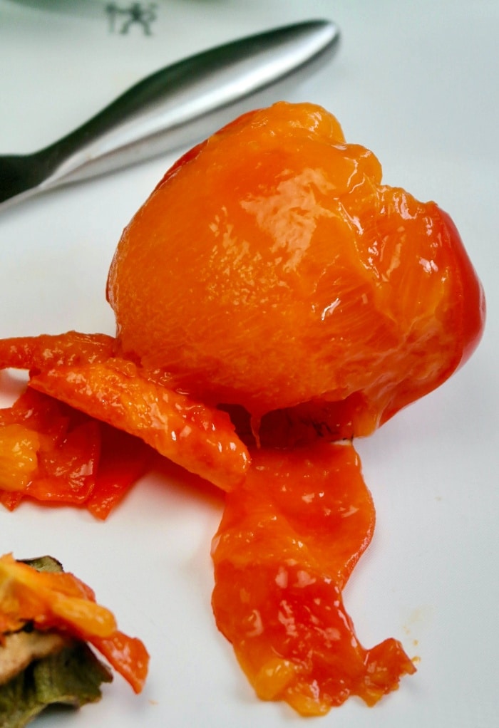 Ripe hachiya persimmon with the skin peeled. 