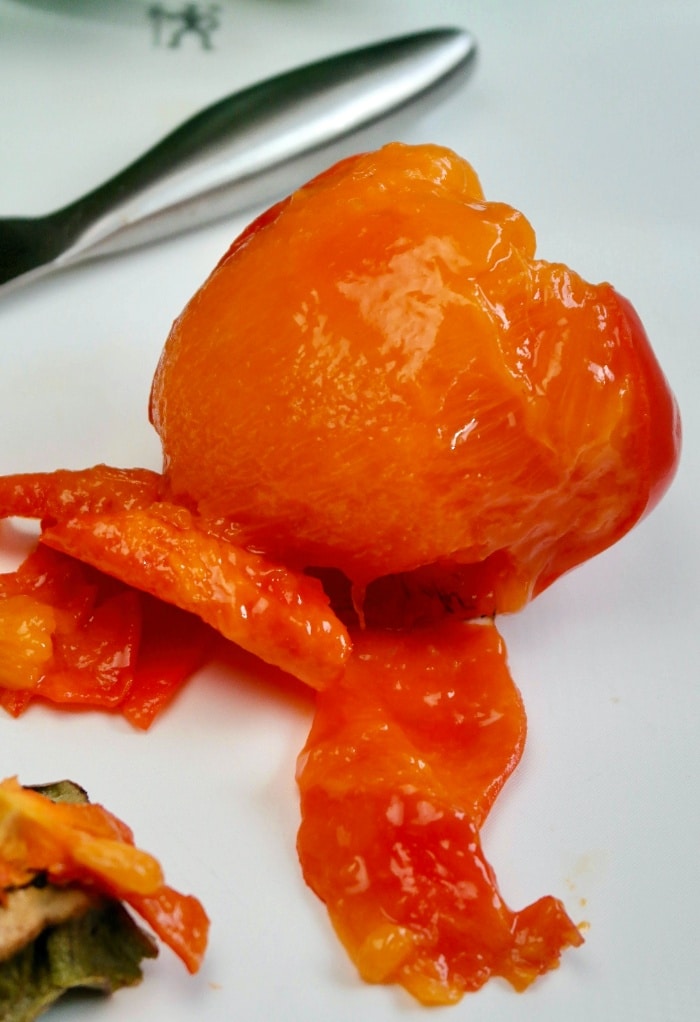 Ripe hachiya persimmon with the skin peeled.