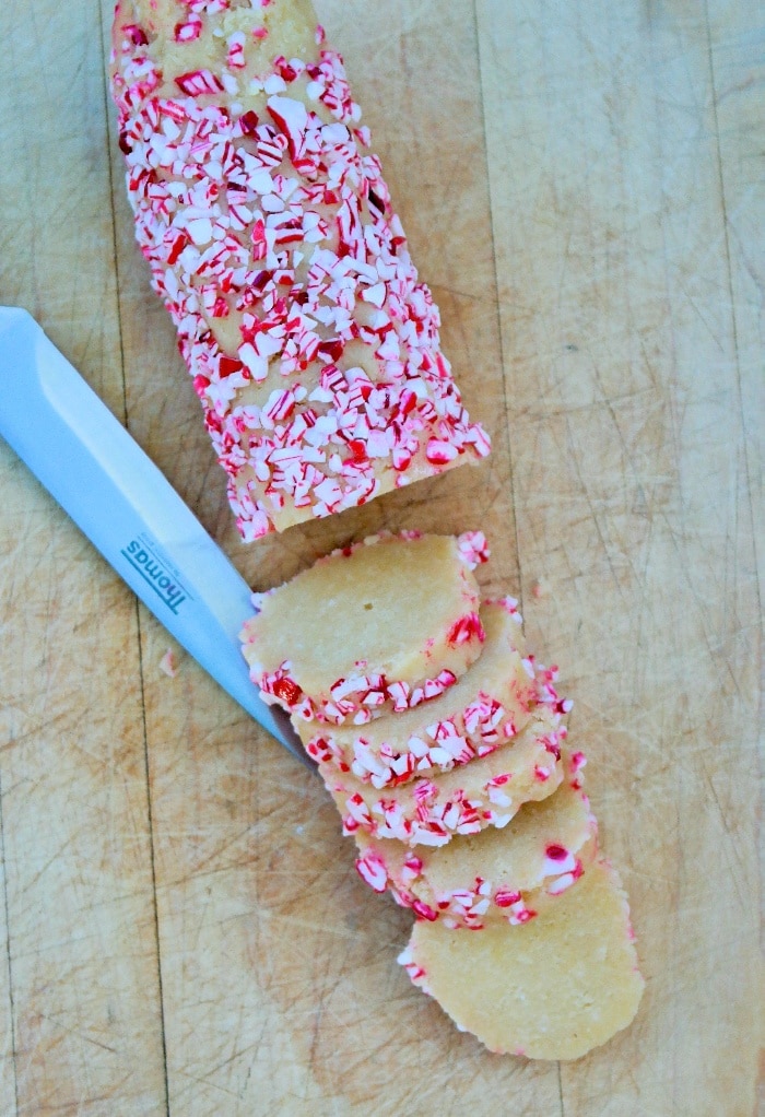 Sliced peppermint keto Christmas cookies ready to bake.