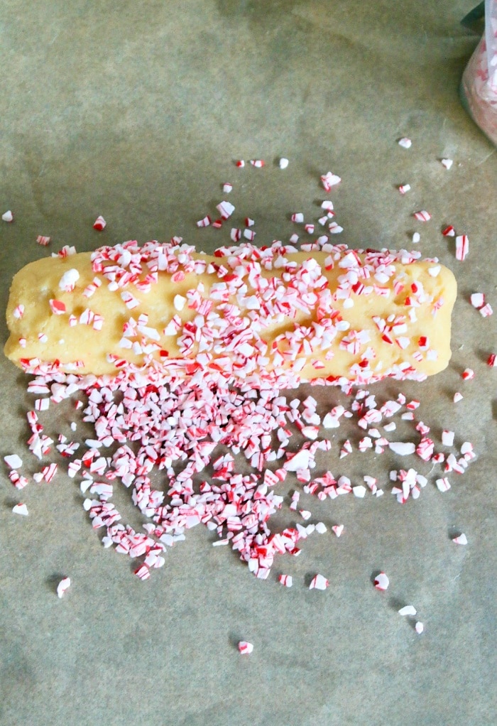 Cookie rolls with crushed peppermint candy. 