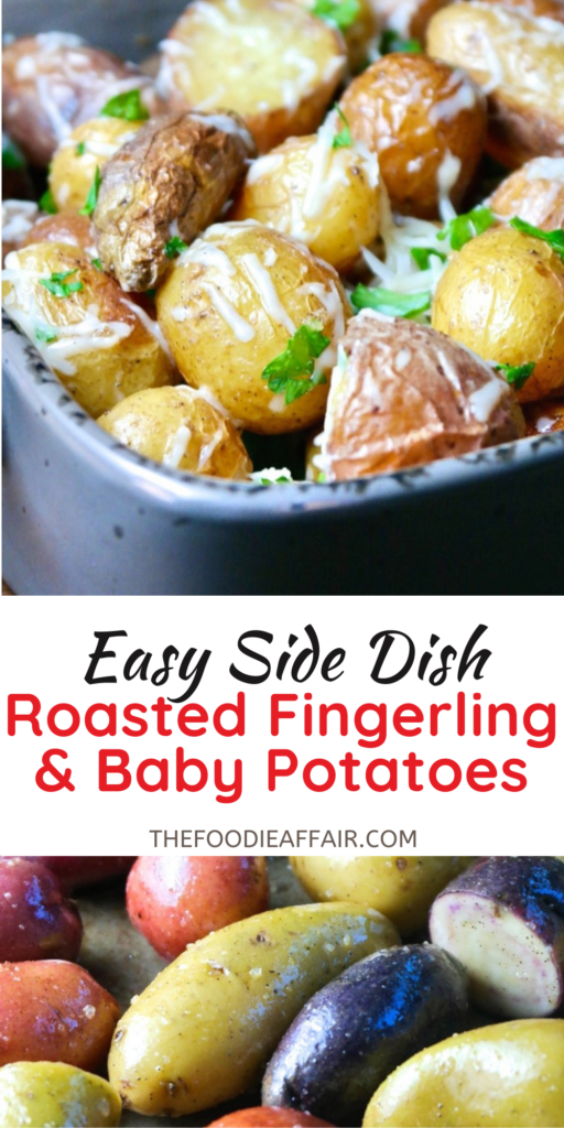 Delicious roasted fingerling potatoes with parmesan cheese. This easy side dish goes with just about any main dish. #sidedish #potatoes
