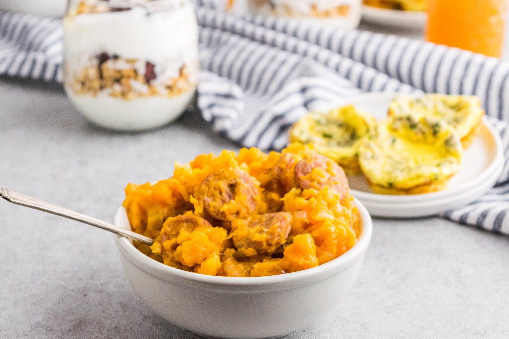 Multiple brunch menu ideas; sweet potatoes, egg bites, and yogurt parfaits. 