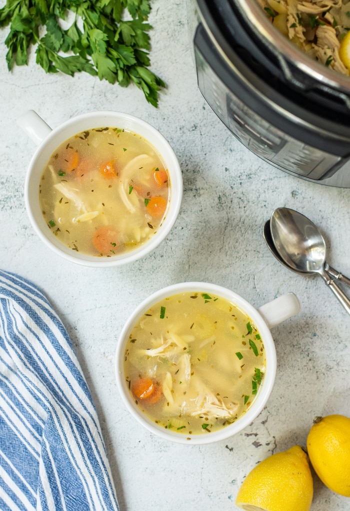 Top view of two bowls of chicken soup made in an Instant Pot. 