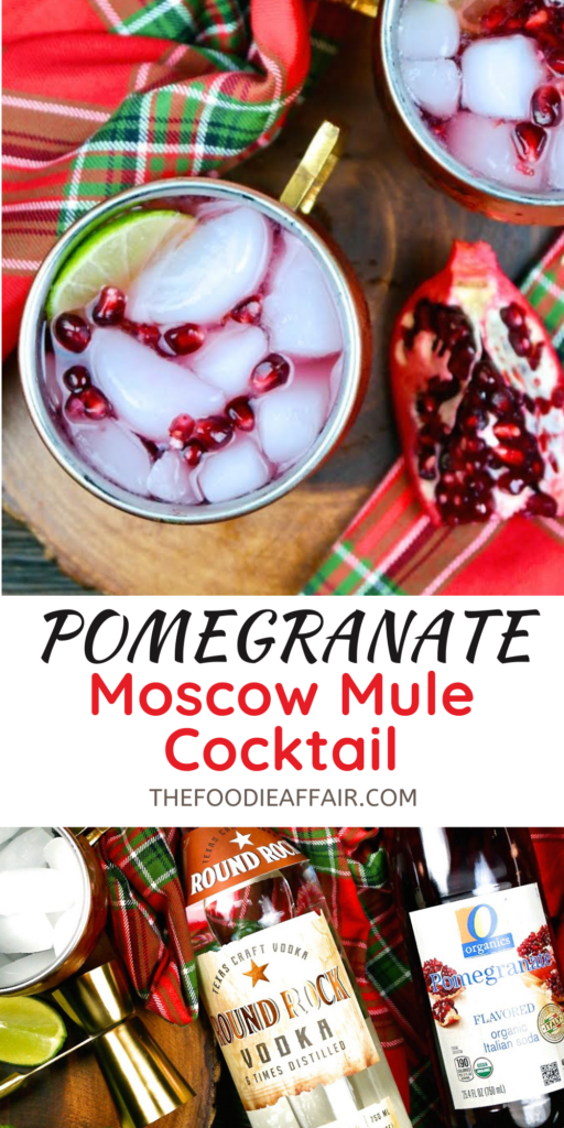 Pomegranate Moscow mule cocktail is a festive twist to the traditional cocktail. Fun holiday celebratory beverage #moscowmule #cocktail #happyhour
