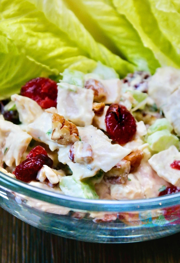 A close view of turkey salad with cranberries and chopped walnuts.