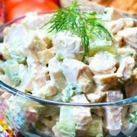 A close view of a classic turkey salad made with Thanksgiving turkey leftovers.