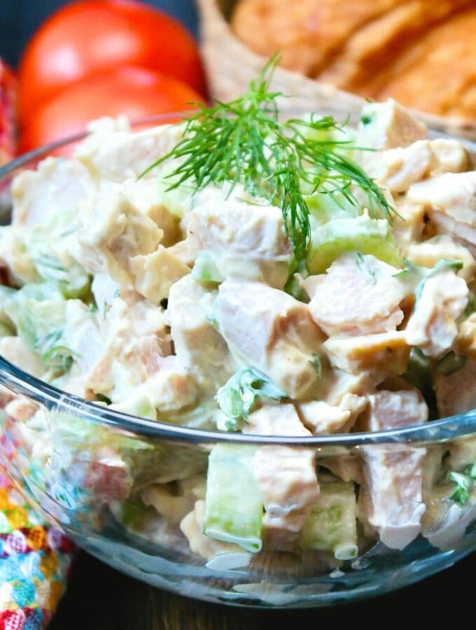 A close view of a classic turkey salad made with Thanksgiving turkey leftovers.