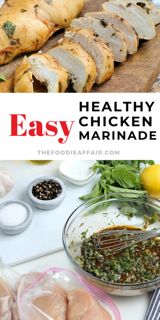 Cooked chicken doesn't have to be bland or smothered in a sauce to add flavor. This marinade recipe is healthy and easy to make! Use on all cuts of chicken, then bake, slow cook or grill. Check out the details on The Foodie Affair blog. #chicken #marinade #healthyrecipe