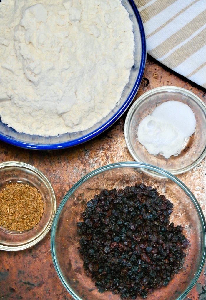 Dry ingredients needed to make gluten free Irish soda bread. 