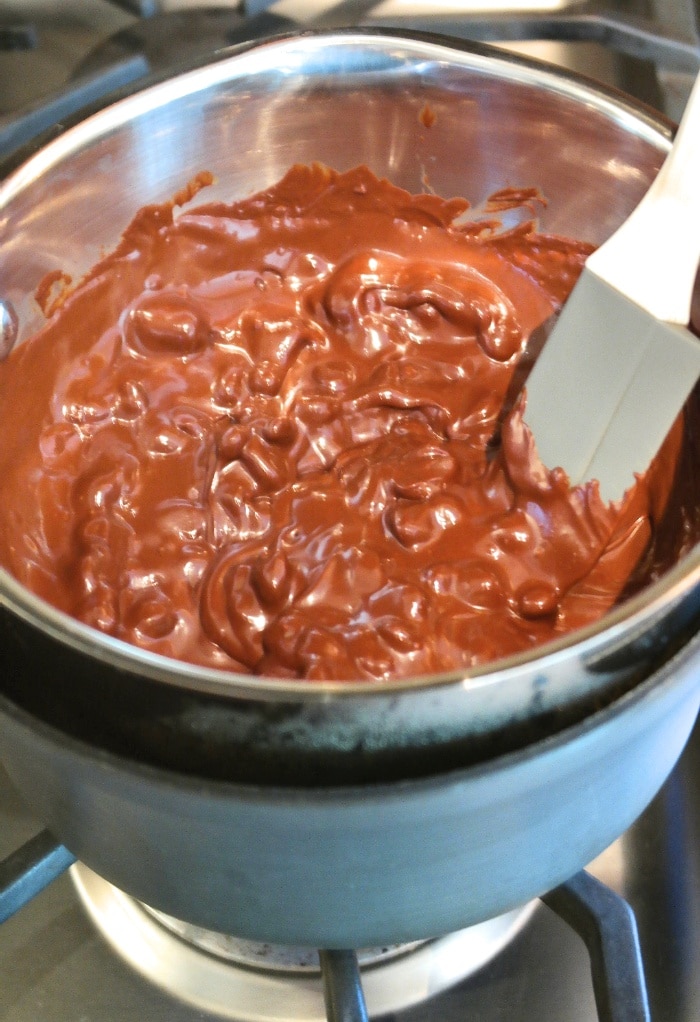 Melted chocolate in a double boiler. 