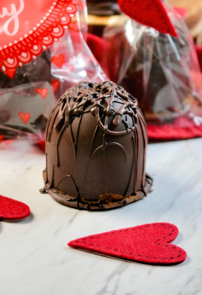 A close up image of a hot chocolate bomb.