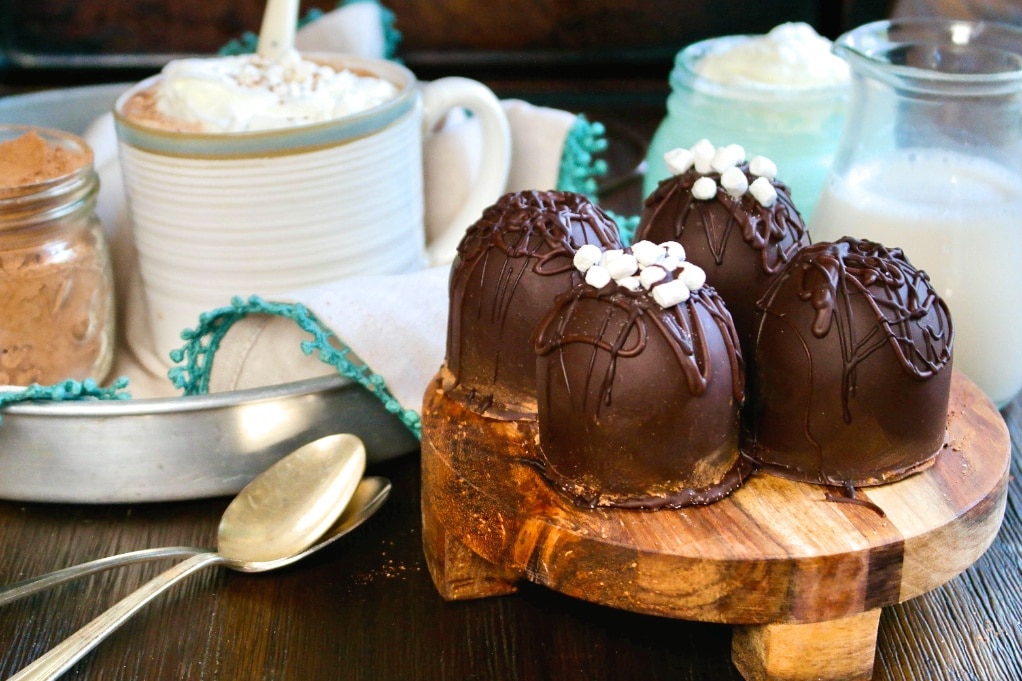 A horizontal view of hot chocolate bomb recipe ready to enjoy. 