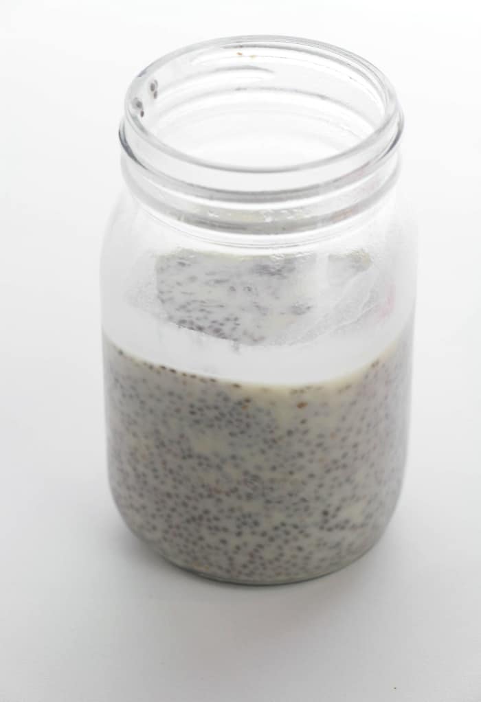 A large mason jar filled with chia pudding. 