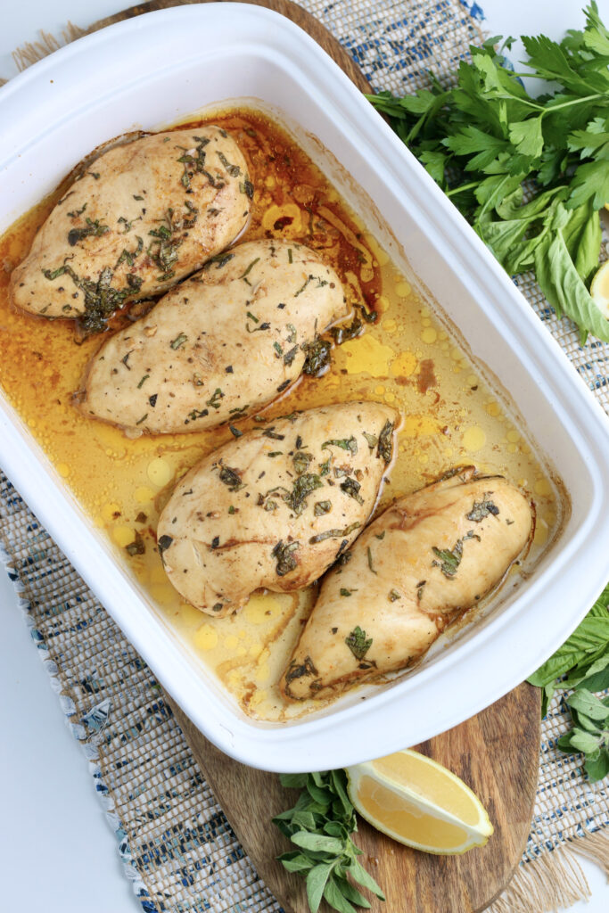 Top overhead view of cooked chicken breasts. 