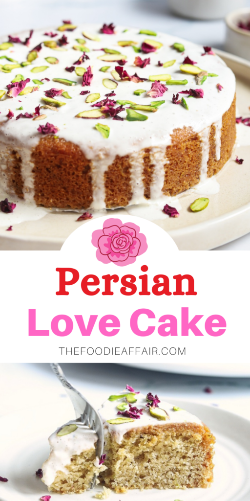 Simple and delicious Persian love cake for your valentine. Traditional middle eastern cake with a lovely tale that accompanies it. Dense and sweet cake decorated with rose petals and pistachios. #cake #lovecake #valentinesday 