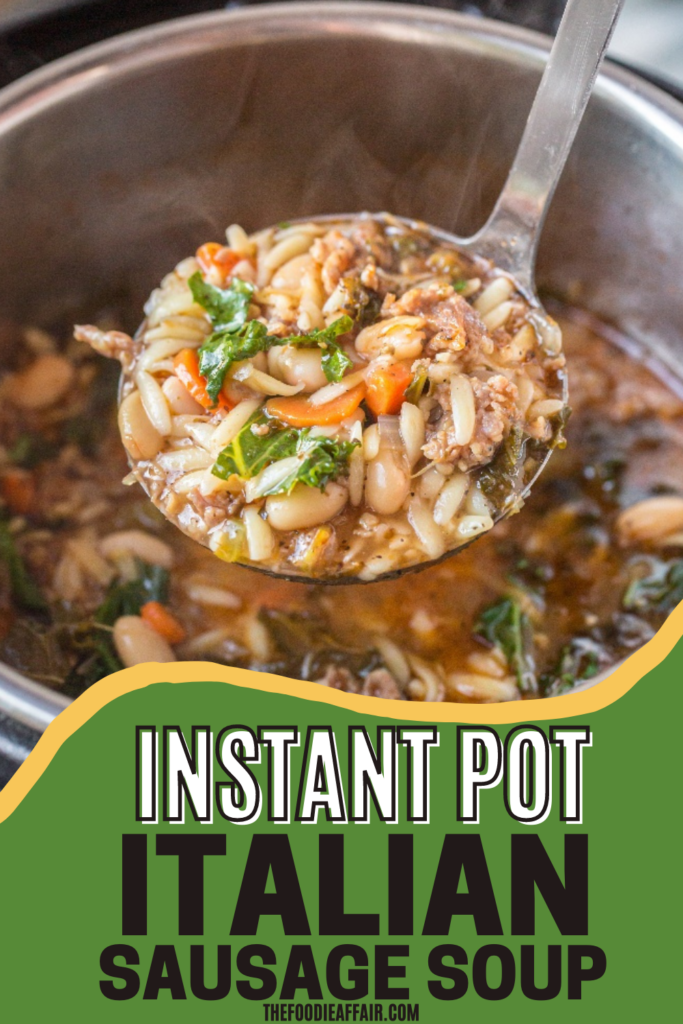 Delicious Italian sausage soup made in an Instant Pot with plenty of vegetables. This hearty soup is ready in under 35 minutes! #instantpot #soup #italiansoup
