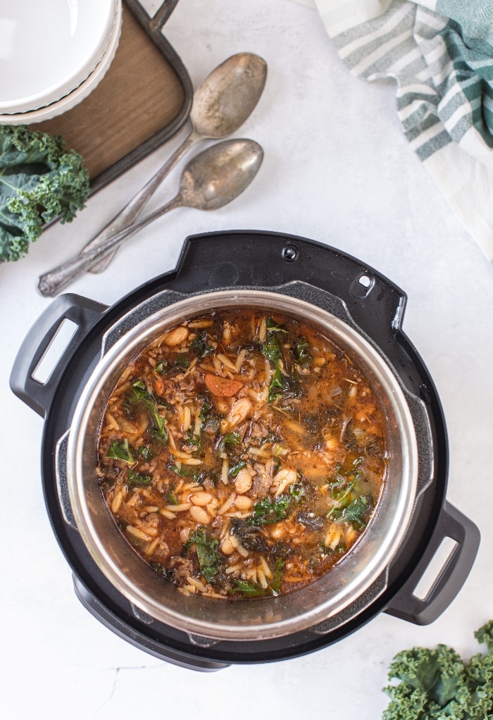 Overhead view of soup in an Instant Pot. 