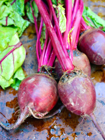 Fresh beets with green tops just washed and ready to cook.