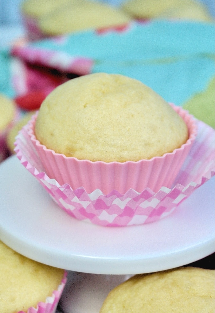 A plain sugar free cupcake on a mini white cake pedestal. 