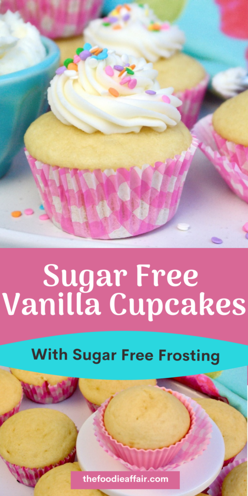 Simple sugar free cupcakes topped with vanilla or strawberry frosting. This basic cupcake recipe can be modified to add a variety of frostings or fun flavors. Enjoy for any special occasion. #sugarfree #diabeticFriendly #easy #bake