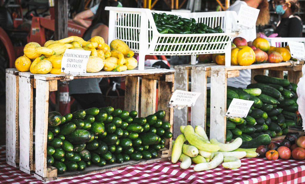 Fresh zucchini at a produce stand ready to purchase. 