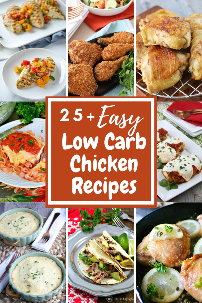 collage of 8 images and the title "25+ easy low carb chicken recipes" in the middle.
