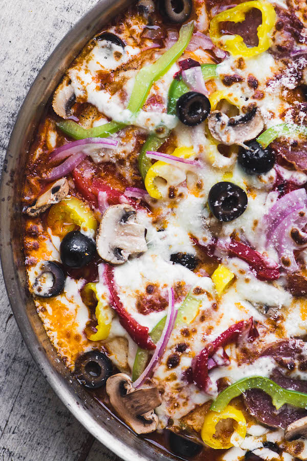 Top view of supreme pizza ingredients in a skillet