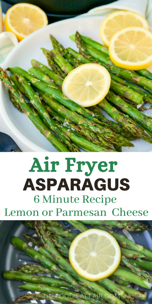 Air fryer asparagus made in 6 minutes. Top with fresh lemon or parmesan cheese. Healthy side dish for breakfast, lunch or dinner. #AirFryer #asparagus #SideDish