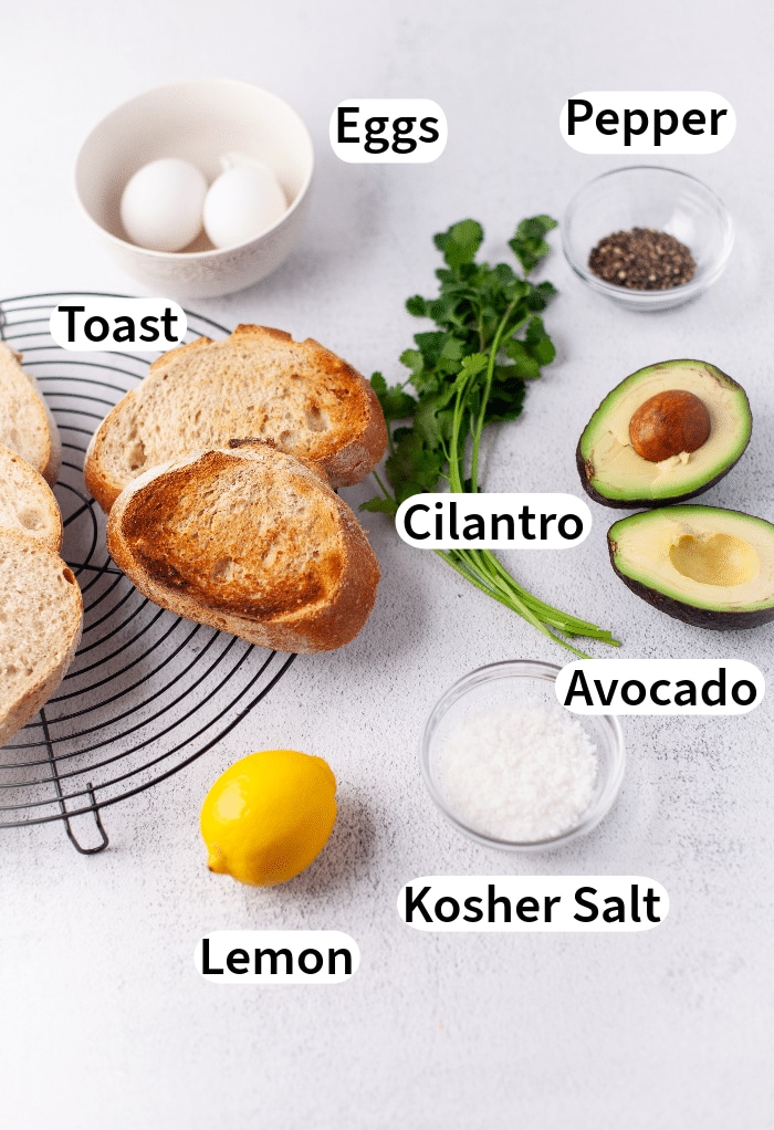 Ingredients to make avocado toast with egg. 