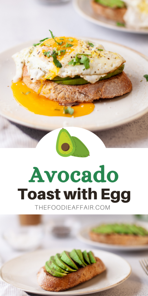 Slice of sourdough bread topped with avocado and sunny-side egg on a white plate ready to eat. 