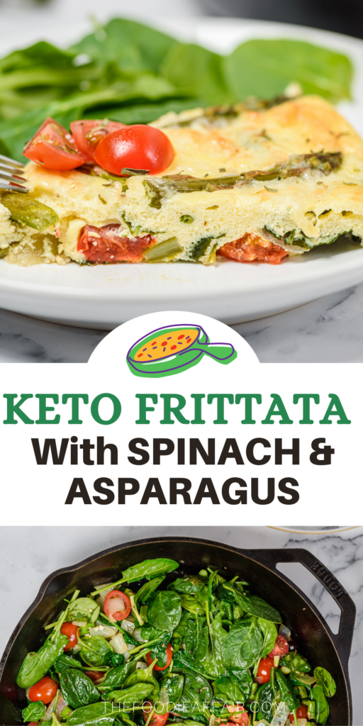 This keto frittata with asparagus and spinach starts on the stovetop then finishes in the oven. Enjoy for breakfast, brunch or dinner. Great meal prep idea - it reheats wonderfully! #SkilletMeal #Brunch #KetoRecipe #LowCarb