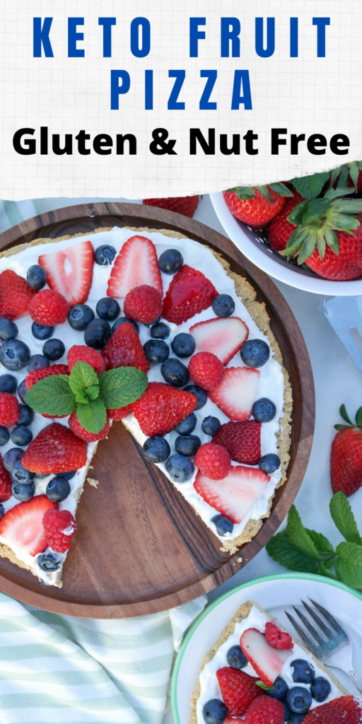 Fruit pizza with a gluten free cookie topped with a light fresh whipped cream topped with fresh fruit. #ketorecipe #lowcarb #dessertpizza