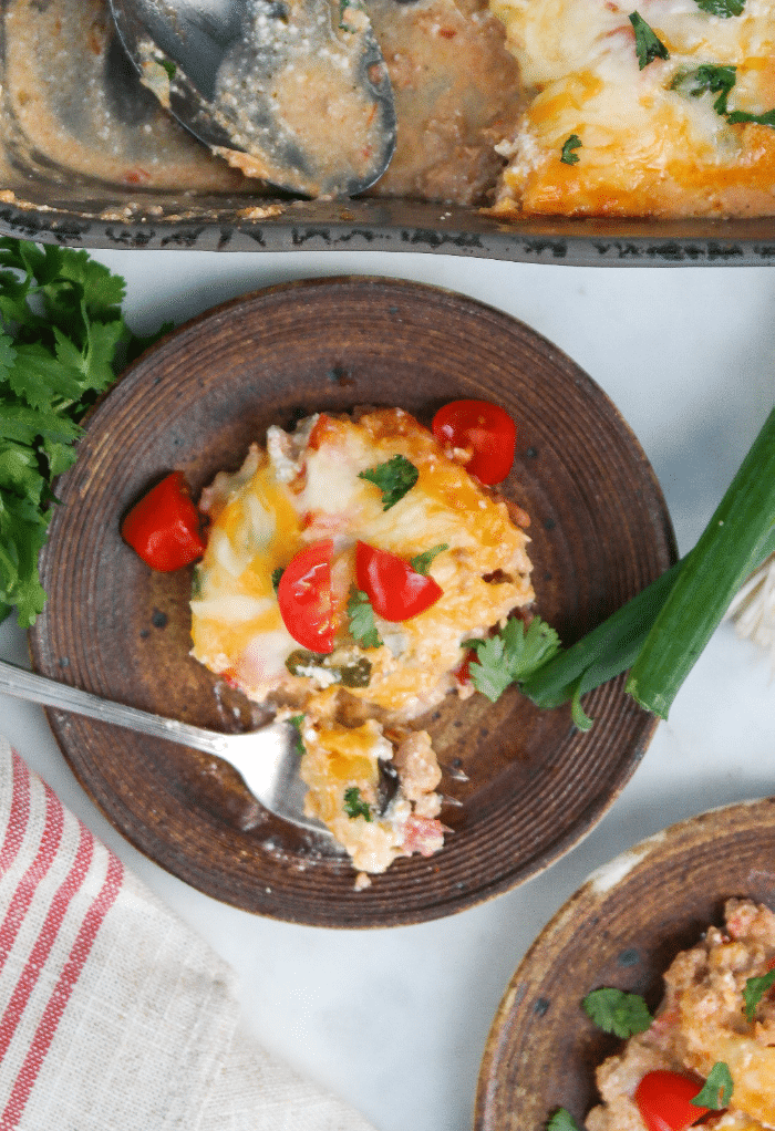 Top view of Keto taco casserole dish. 