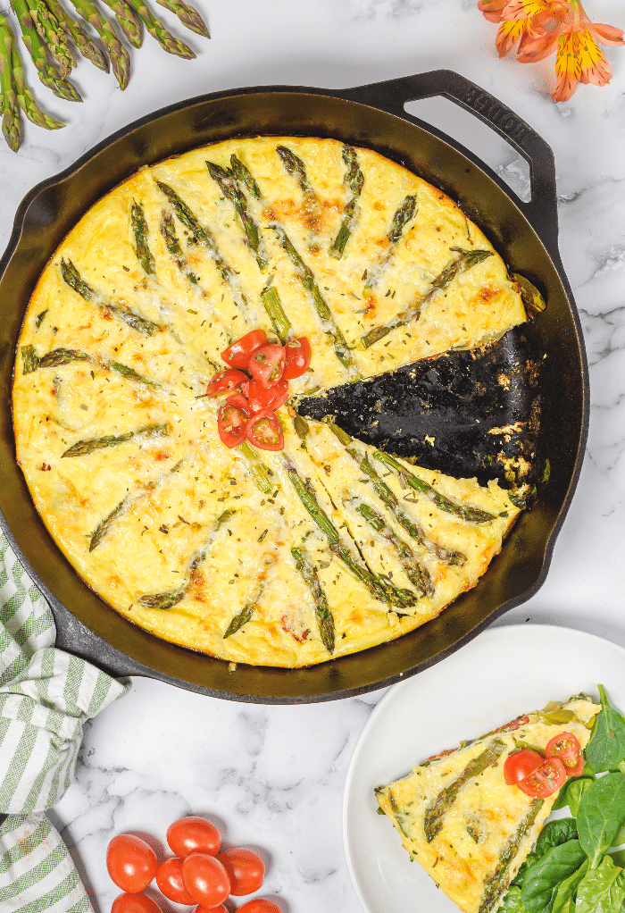 Top view of a frittata in a cast iron pan cooked and ready to be served.  