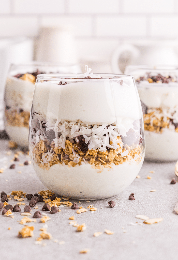 Yogurt parfait in a clear glass with homemade vanilla yogurt.