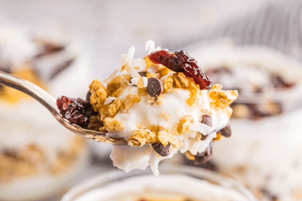 A spoonful of homemade yogurt topped with granola. 