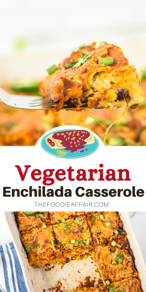 Vegetarian enchilada casserole is a hearty meal that is fit for a crowd. Top each slice with your favorite Mexican topping for an extra delicious meal. #enchiladas #Mexican #casserole
