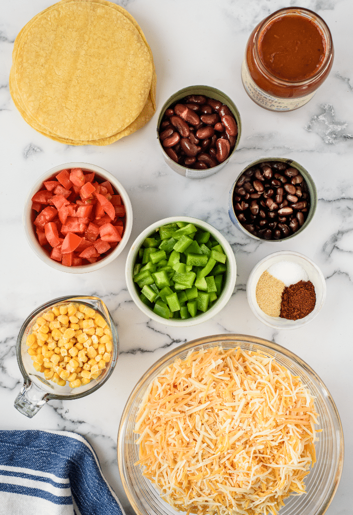 Ingredients to make vegetarian Mexican casserole. 