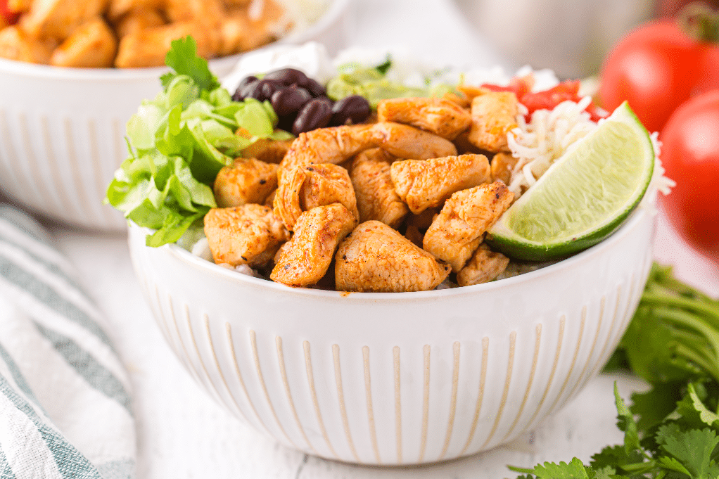 Chicken bowl with cilantro lime rice ready to eat.