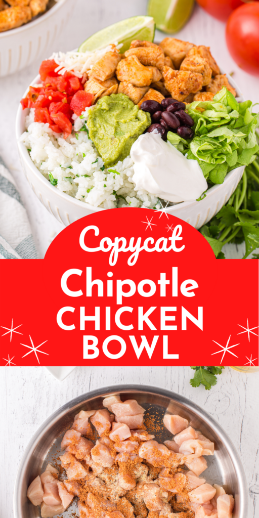 Copycat Chipotle chicken bowl with all your favorite ingredients including cilantro lime rice. Add extra guacamole! #chicken #mealprep #EasyDinner