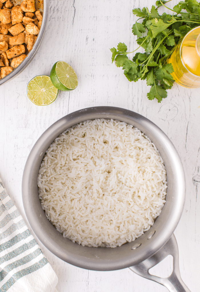 White rice in a saucepan just cooked.