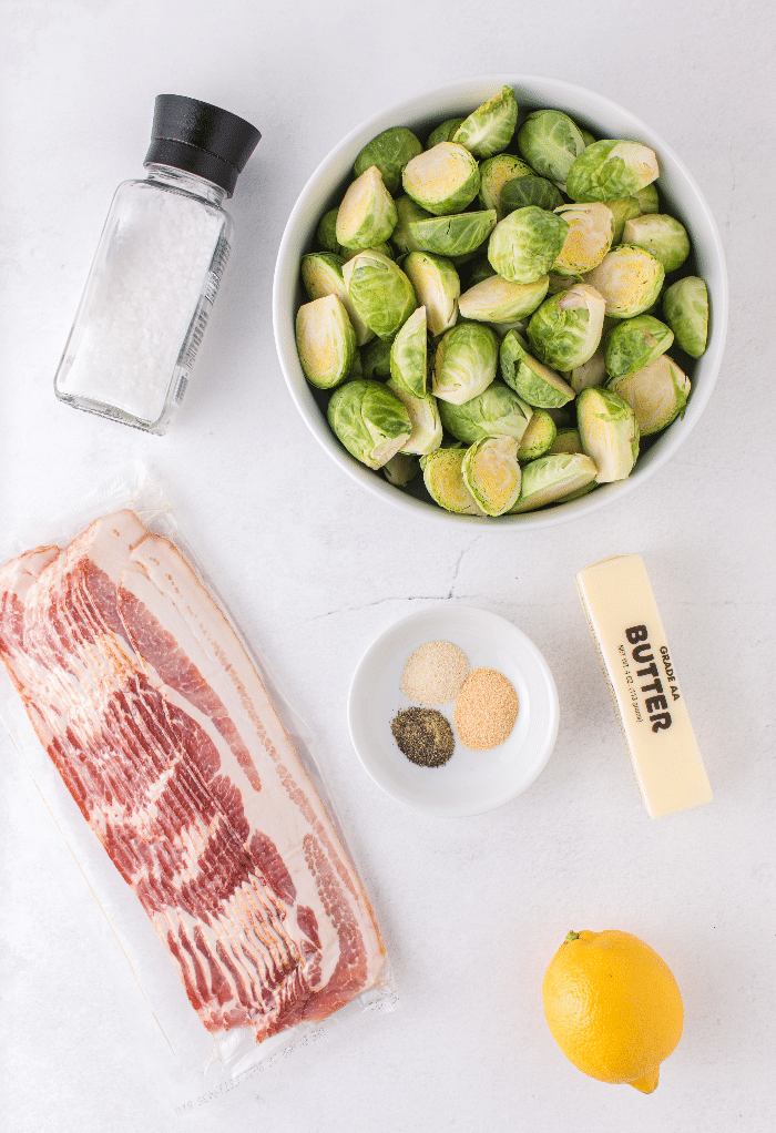 Top view of all ingredients to make keto Brussels sprouts.