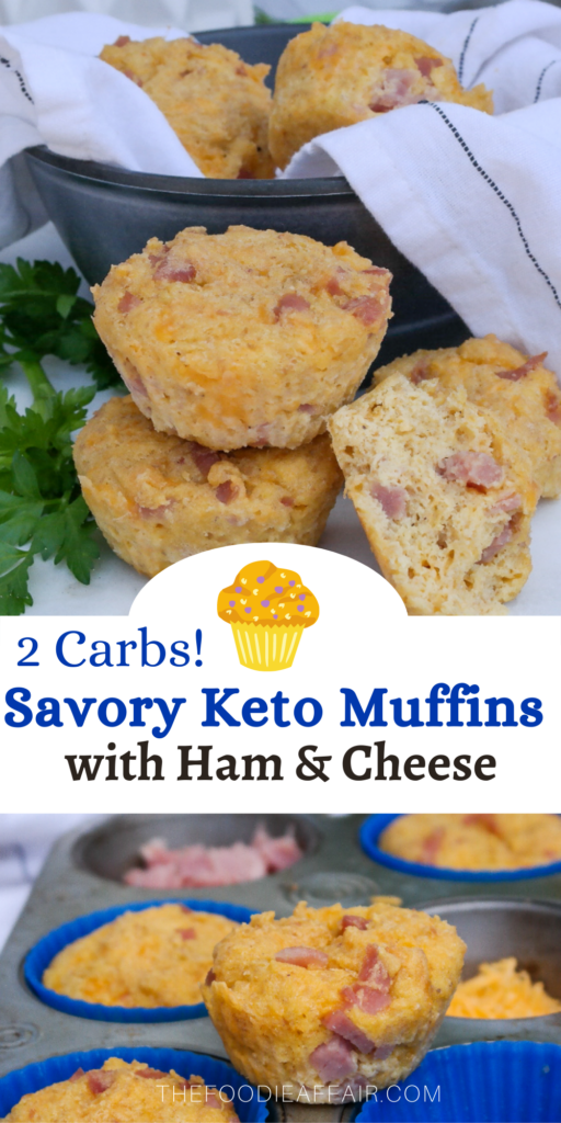 Savory keto muffins with cheddar cheese and diced ham is a great breakfast for on the go or enjoy for a snack anytime of day. #lowcarb #muffin #savory #ketorecipe