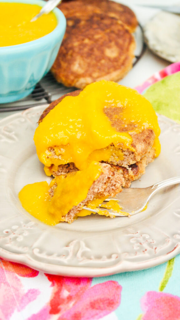 Low carb pancakes topped with homemade mango puree. 